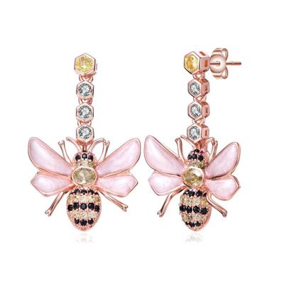 Rozzato Lab Created Sterling Silver 18K Rose Gold Plated with Clear Cubic Zirconia Floral Drop Butterfly Earrings