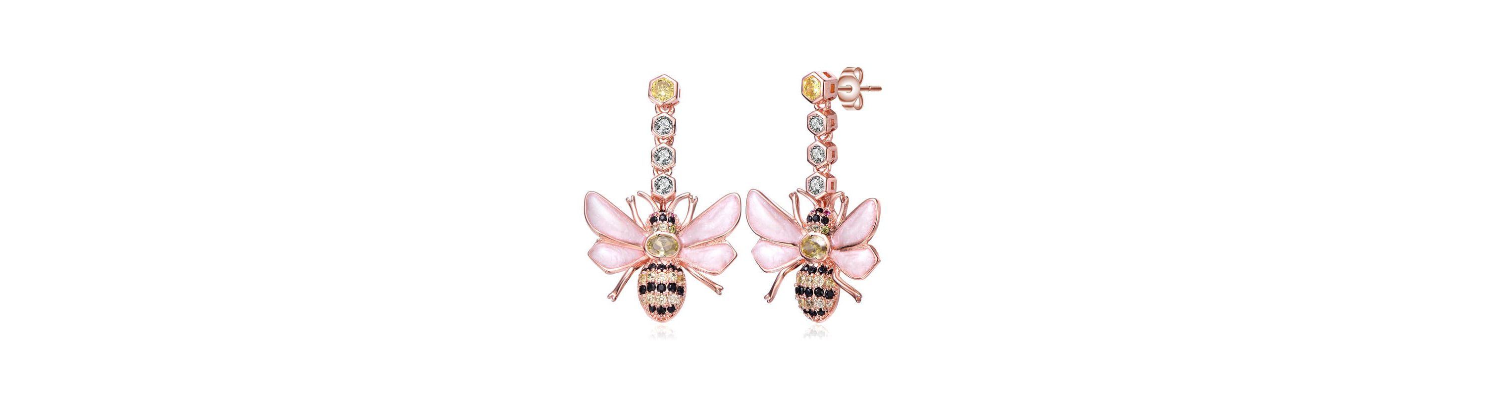 Lab Created Sterling Silver 18K Rose Gold Plated with Clear Cubic Zirconia Floral Drop Butterfly Earrings