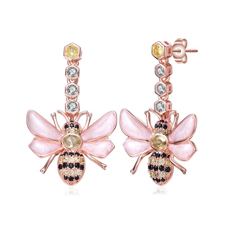 Lab Created Sterling Silver 18K Rose Gold Plated with Clear Cubic Zirconia Floral Drop Butterfly Earrings
