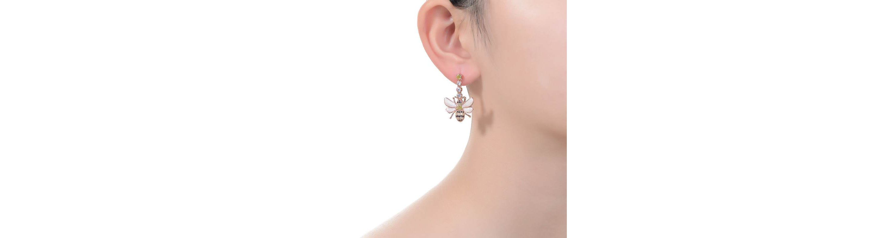 Lab Created Sterling Silver 18K Rose Gold Plated with Clear Cubic Zirconia Floral Drop Butterfly Earrings