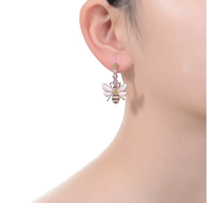 Lab Created Sterling Silver 18K Rose Gold Plated with Clear Cubic Zirconia Floral Drop Butterfly Earrings