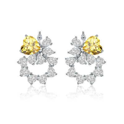 Rozzato Lab Created Sterling Silver White Gold Plated with Yellow Cubic Zirconia Floral Stud Earrings