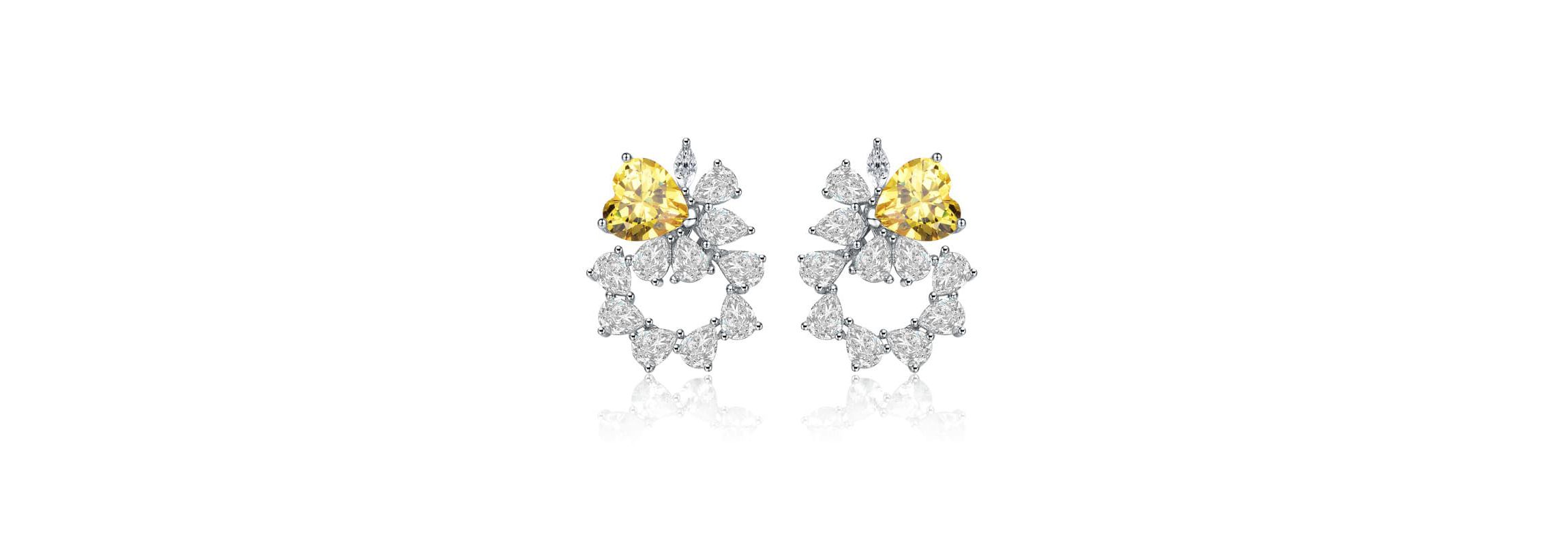 Lab Created Sterling Silver White Gold Plated with Yellow Cubic Zirconia Floral Stud Earrings