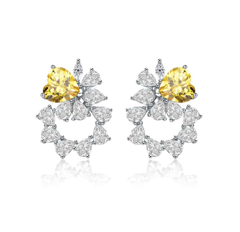 Lab Created Sterling Silver White Gold Plated with Yellow Cubic Zirconia Floral Stud Earrings