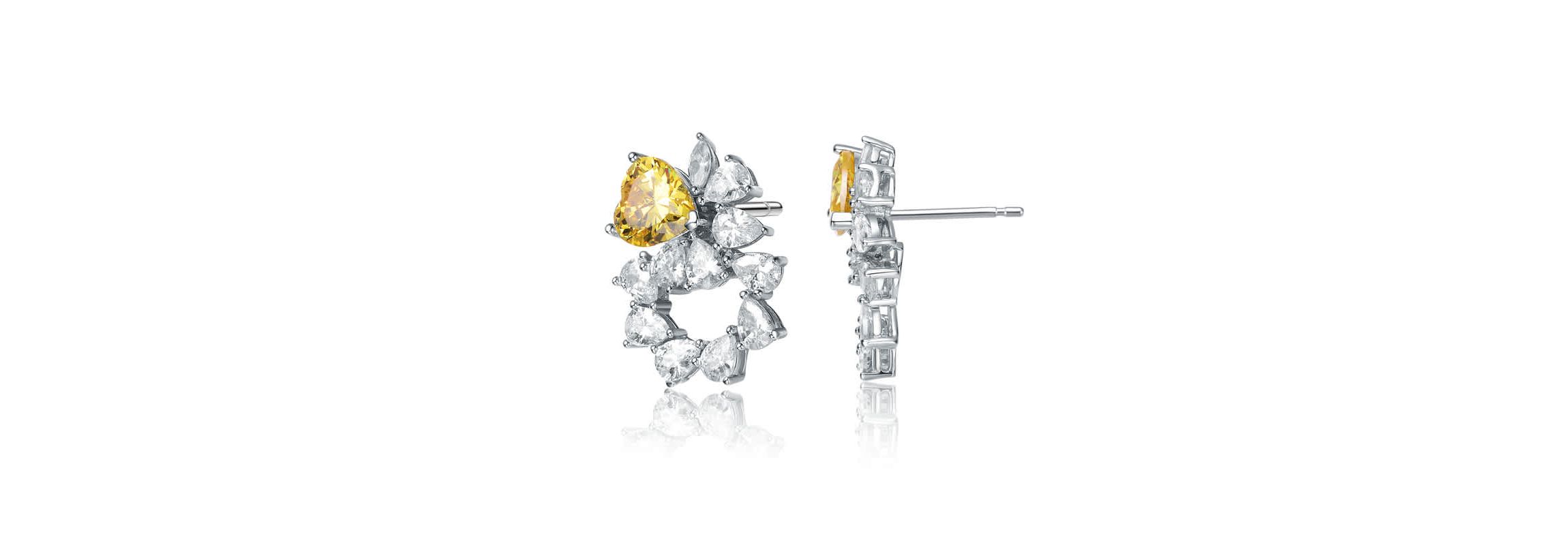 Lab Created Sterling Silver White Gold Plated with Yellow Cubic Zirconia Floral Stud Earrings