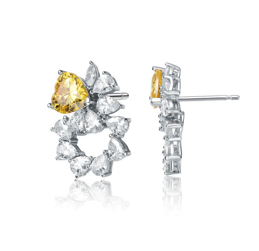 Lab Created Sterling Silver White Gold Plated with Yellow Cubic Zirconia Floral Stud Earrings