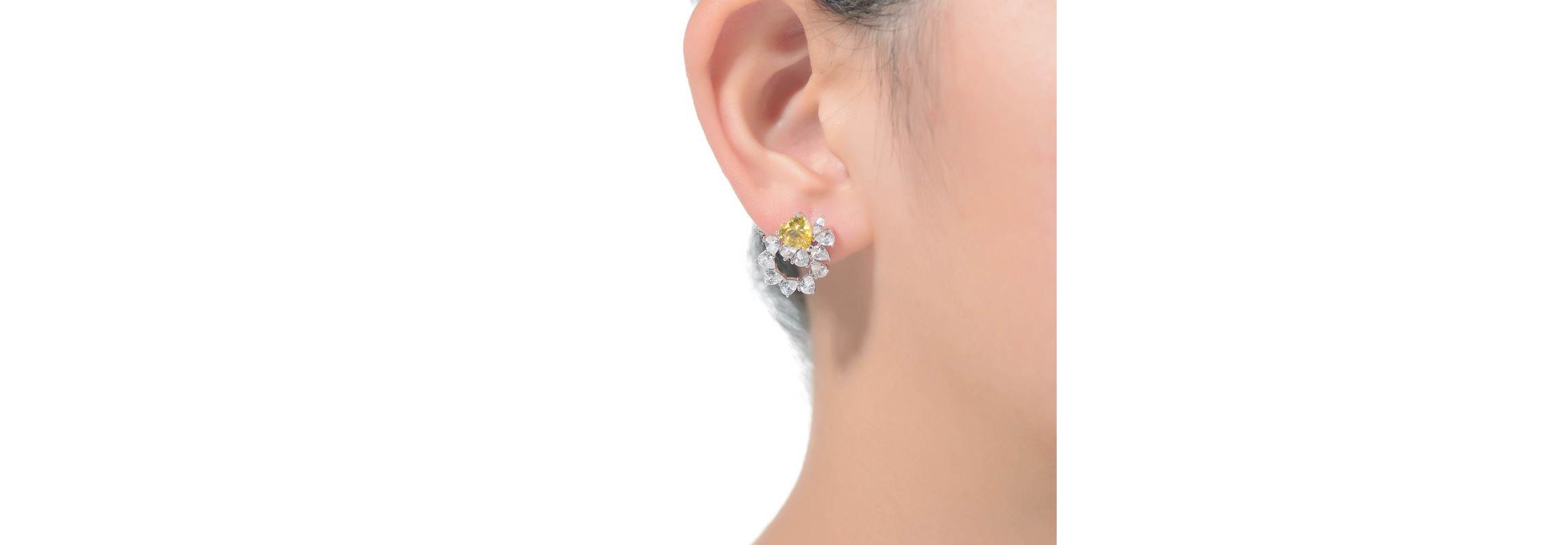 Lab Created Sterling Silver White Gold Plated with Yellow Cubic Zirconia Floral Stud Earrings