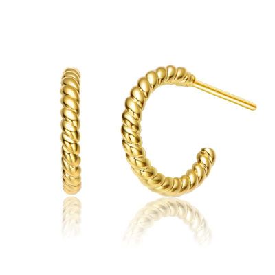 Rozzato Lab Created Sterling Silver 14K Gold Plated Ribbed Open Hoop Post Earrings