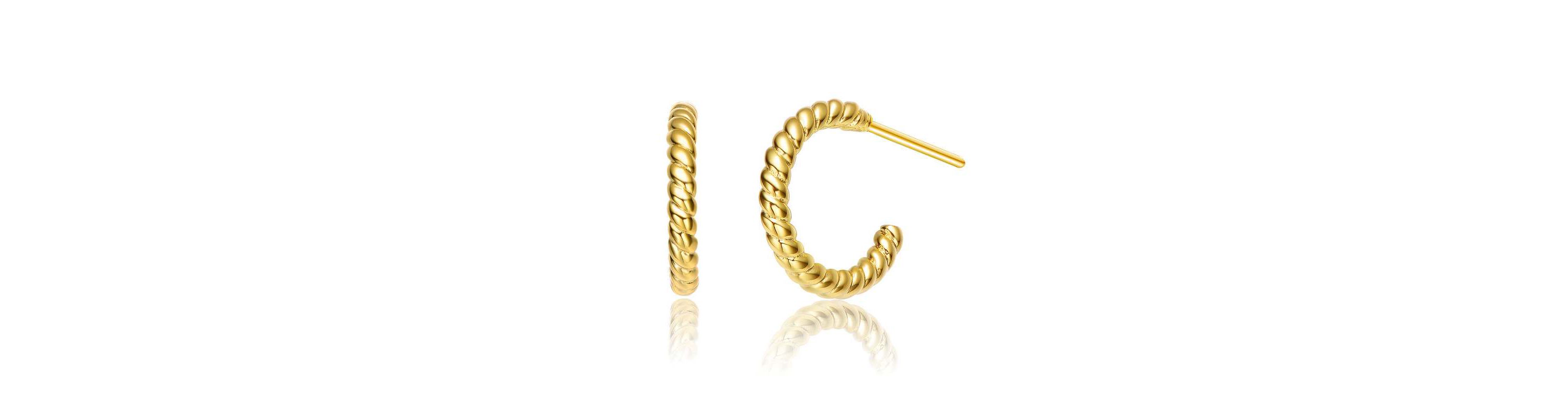 Lab Created Sterling Silver 14K Gold Plated Ribbed Open Hoop Post Earrings