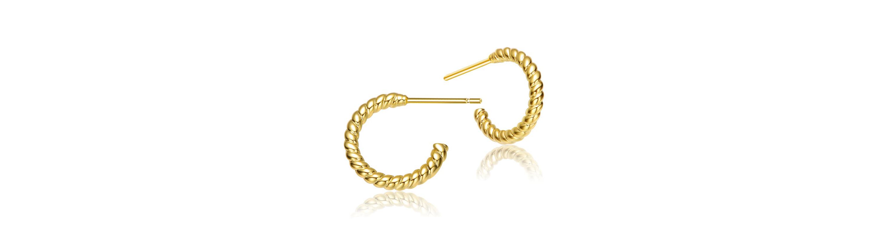 Lab Created Sterling Silver 14K Gold Plated Ribbed Open Hoop Post Earrings