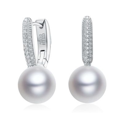 Rozzato Lab Created Sterling Silver White Gold Plated with Pearl & Clear Cubic Zirconia Drop Earrings