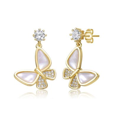 Rozzato Lab Created Sterling Silver 14K Gold Plated with Mother of Pearl Butterfly Drop Earrings