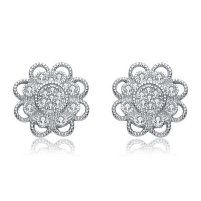 Rozzato Lab Created Sterling Silver White Gold Plated with Clear Cubic Zirconia Round Lace Design Earrings