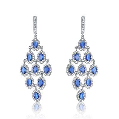 Rozzato Lab Created Sterling Silver White Gold Plating with Sapphire Blue Cubic Zirconia Chandelier Earrings