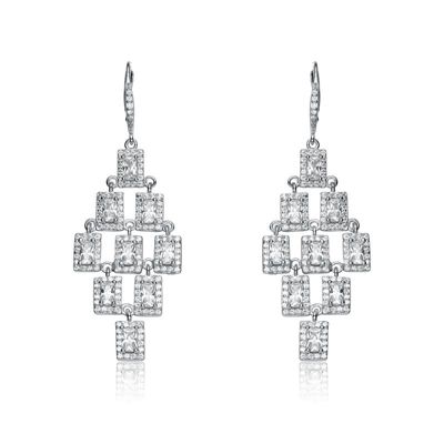 Rozzato Lab Created Sterling Silver White Gold Plated with Clear Square Shape Cubic Zirconia Chandelier Earrings