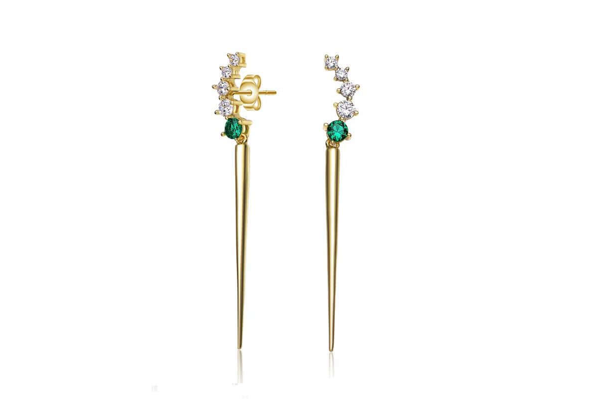Lab Created Elegant Waterfall Spike Dangle Earrings in 14k Yellow Gold Plating with Emerald & Cubic Zirconia