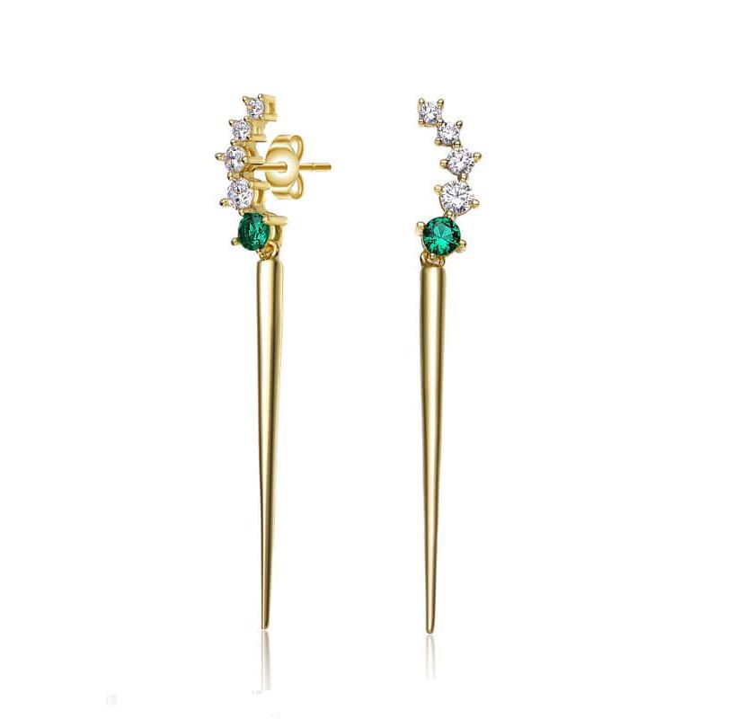 Lab Created Elegant Waterfall Spike Dangle Earrings in 14k Yellow Gold Plating with Emerald & Cubic Zirconia