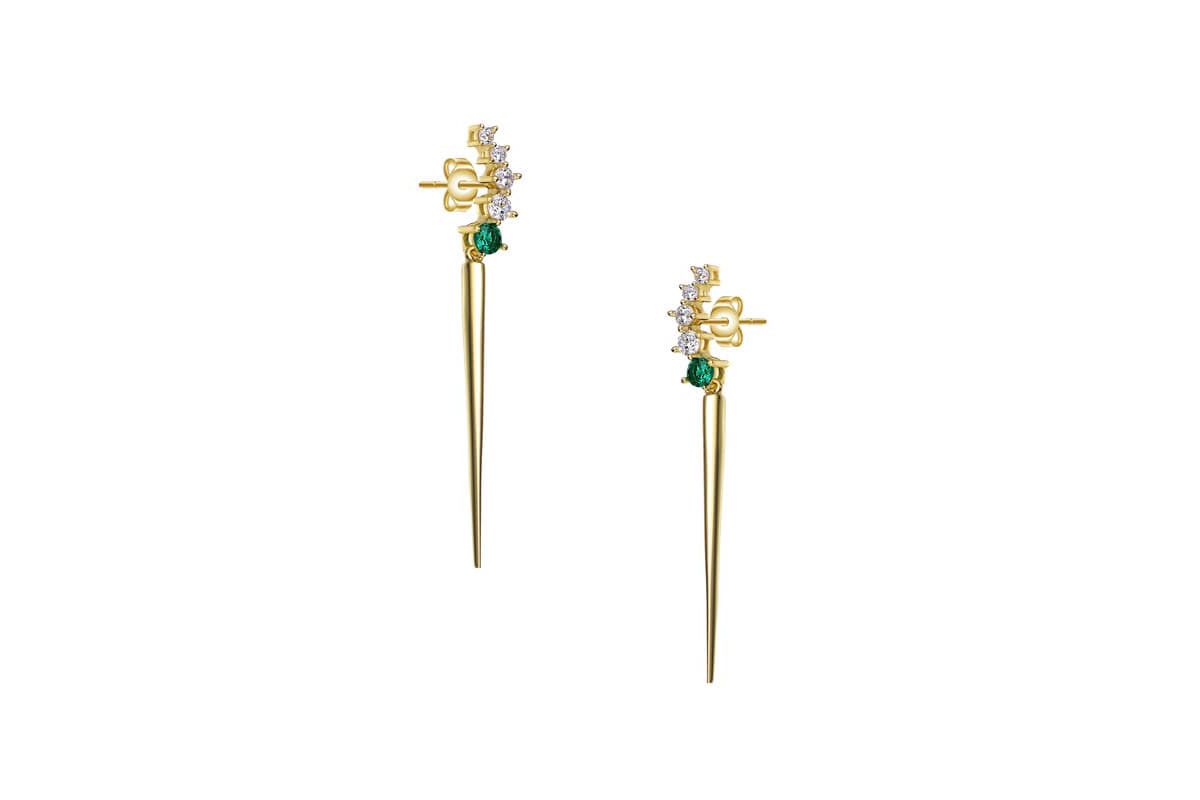 Lab Created Elegant Waterfall Spike Dangle Earrings in 14k Yellow Gold Plating with Emerald & Cubic Zirconia