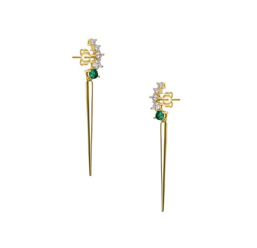Lab Created Elegant Waterfall Spike Dangle Earrings in 14k Yellow Gold Plating with Emerald & Cubic Zirconia