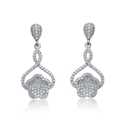 Rozzato Lab Created Sterling Silver White Gold Plated with Clear Cubic Zirconia Petal Drop Earrings