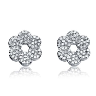 Rozzato Lab Created Sterling Silver White Gold Plated with Clear Cubic Zirconia Round Flower Shape Earrings