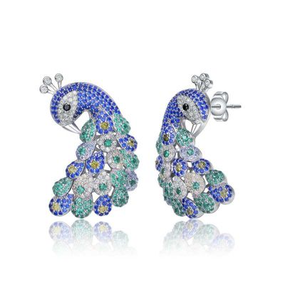 Rozzato Lab Created Sterling Silver White Gold Plated with Sapphire Blue & Emerald Green Cubic Zirconia "Peacock" Butterfly Earrings