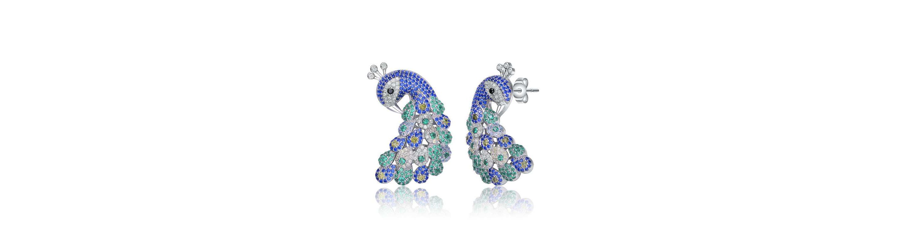 Lab Created Sterling Silver White Gold Plated with Sapphire Blue & Emerald Green Cubic Zirconia "Peacock" Butterfly Earrings