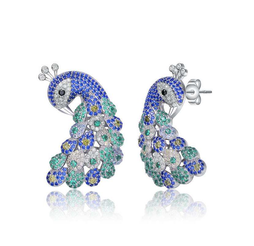 Lab Created Sterling Silver White Gold Plated with Sapphire Blue & Emerald Green Cubic Zirconia "Peacock" Butterfly Earrings