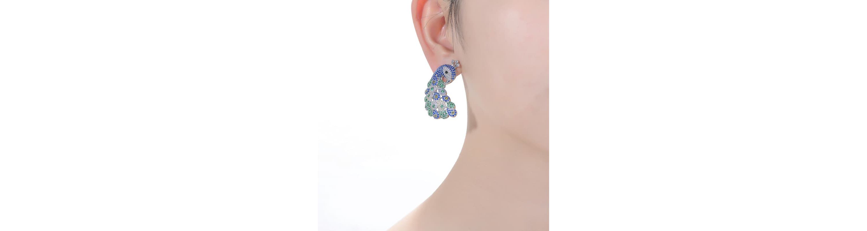 Lab Created Sterling Silver White Gold Plated with Sapphire Blue & Emerald Green Cubic Zirconia "Peacock" Butterfly Earrings