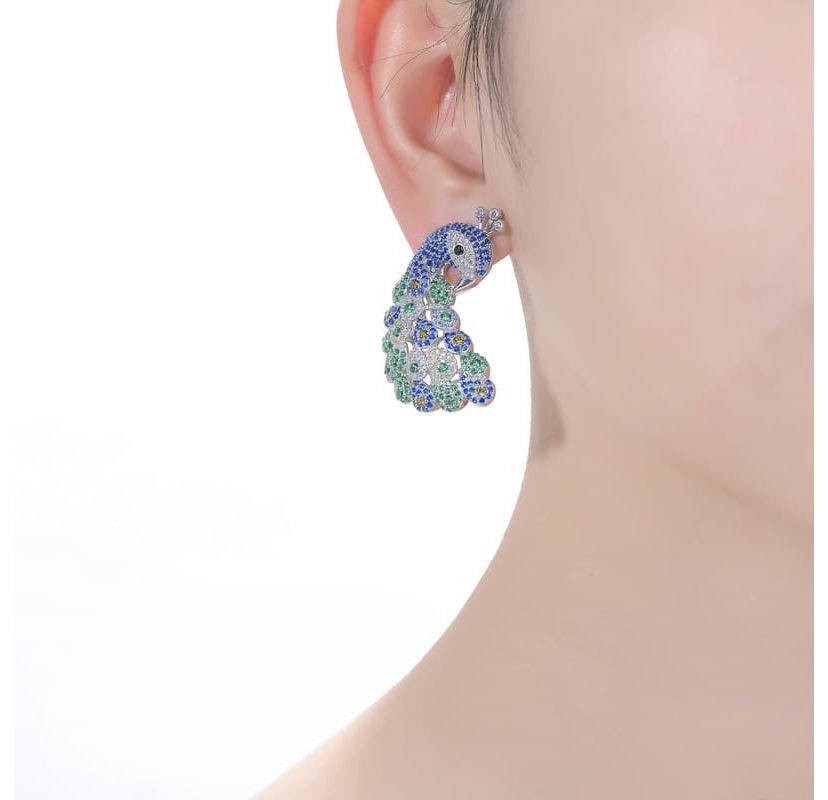Lab Created Sterling Silver White Gold Plated with Sapphire Blue & Emerald Green Cubic Zirconia "Peacock" Butterfly Earrings