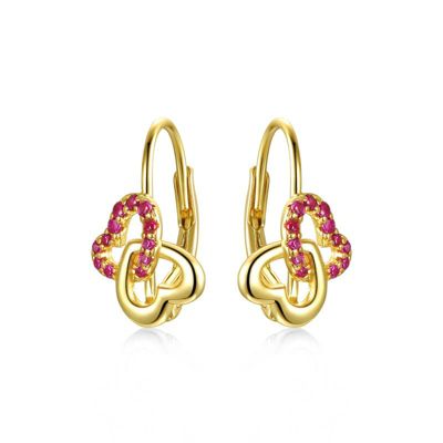 Rozzato Lab Created Kids Sterling Silver 14k Yellow Gold Plated with Ruby & Double Heart Halo Drop Leverback Earrings