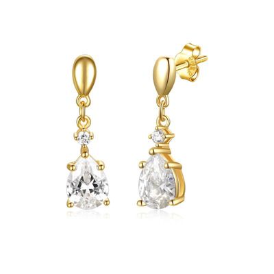 Rozzato Lab Created Sterling Silver 14K Gold Plated with Clear Cubic Zirconia Raindrop 2-Stone Earrings