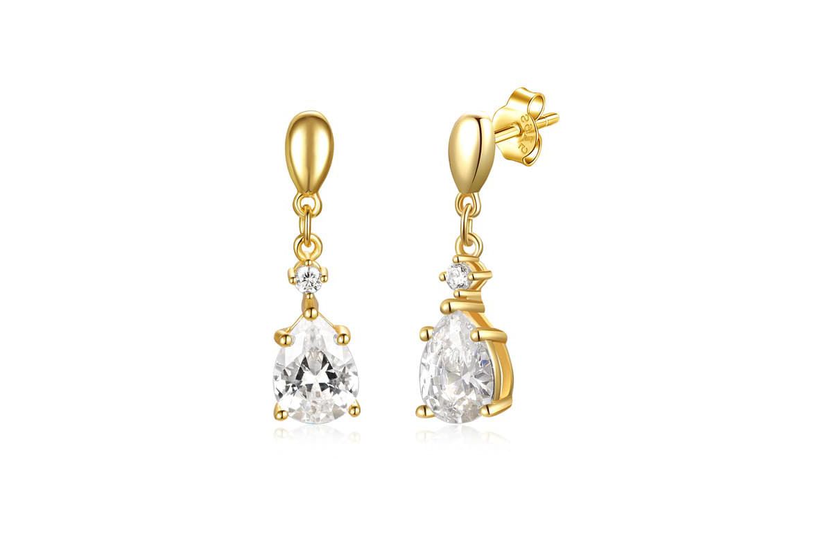 Lab Created Sterling Silver 14K Gold Plated with Clear Cubic Zirconia Raindrop 2-Stone Earrings