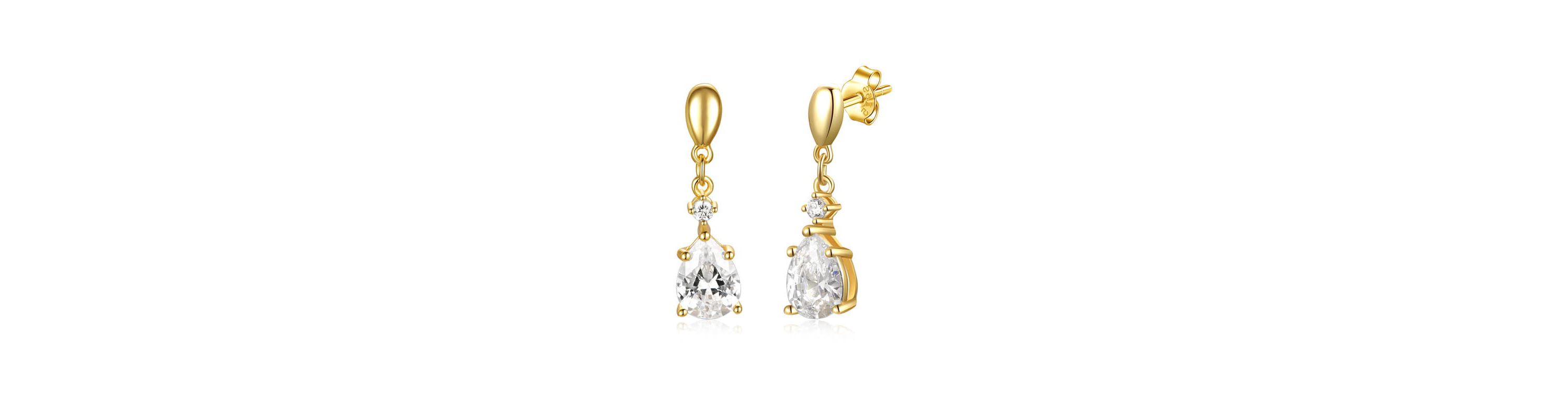 Lab Created Sterling Silver 14K Gold Plated with Clear Cubic Zirconia Raindrop 2-Stone Earrings