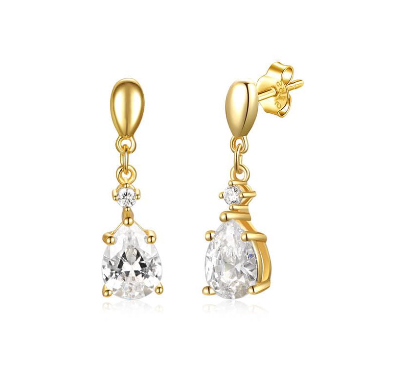 Lab Created Sterling Silver 14K Gold Plated with Clear Cubic Zirconia Raindrop 2-Stone Earrings