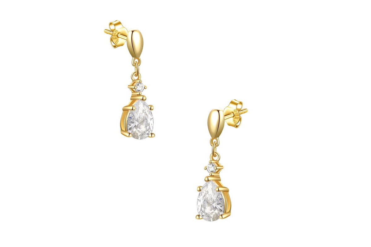 Lab Created Sterling Silver 14K Gold Plated with Clear Cubic Zirconia Raindrop 2-Stone Earrings