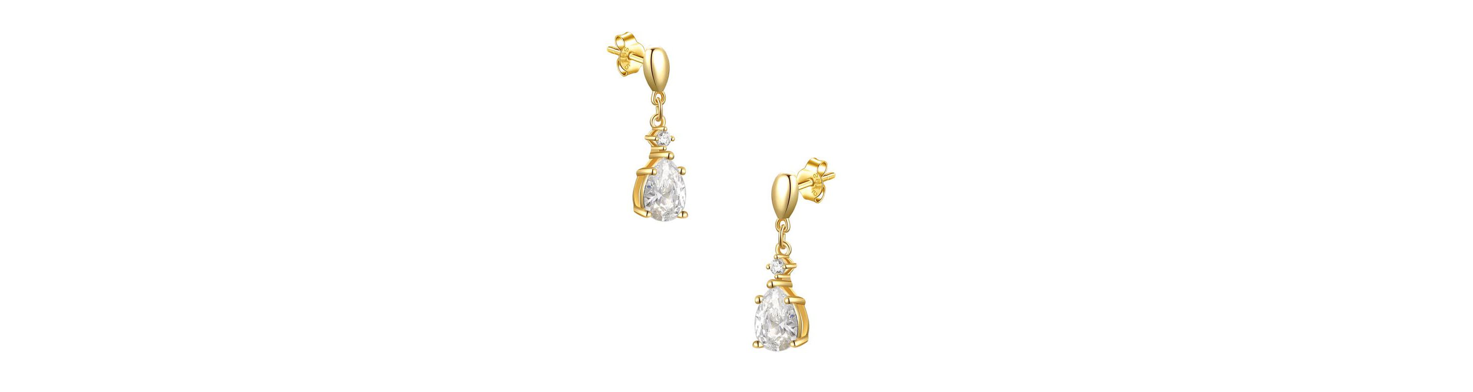 Lab Created Sterling Silver 14K Gold Plated with Clear Cubic Zirconia Raindrop 2-Stone Earrings