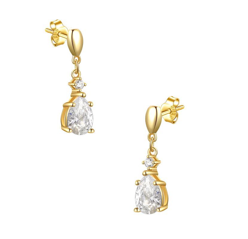 Lab Created Sterling Silver 14K Gold Plated with Clear Cubic Zirconia Raindrop 2-Stone Earrings