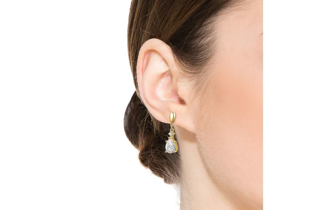 Lab Created Sterling Silver 14K Gold Plated with Clear Cubic Zirconia Raindrop 2-Stone Earrings