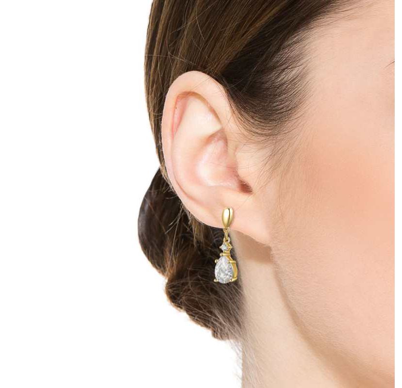 Lab Created Sterling Silver 14K Gold Plated with Clear Cubic Zirconia Raindrop 2-Stone Earrings