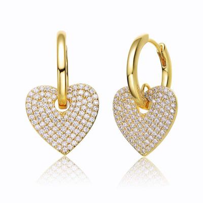 Rozzato Lab Created Sterling Silver 14K Gold Plated with Clear Cubic Zirconia Heart Dangle Hoop Drop Earrings for Teens