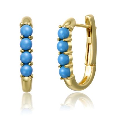Rozzato Lab Created Sterling Silver 14K Gold Plated with Nano Turquoise Beads Oblong U-Shaped Latch Back Hoop Earrings for Teens