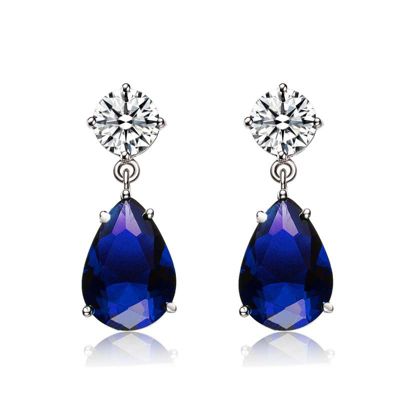 Rozzato Lab Created Sterling Silver White Gold Plated with Sapphire Blue Cubic Zirconia Dangling Earrings