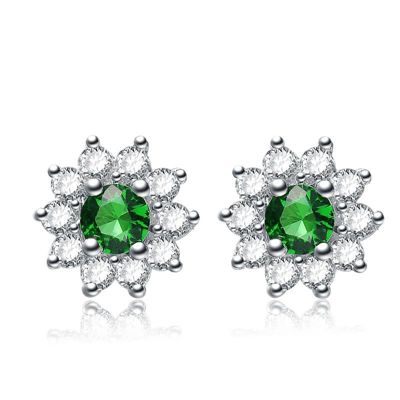 Rozzato Lab Created Sterling Silver White Gold Plated With Round Emerald Green Cubic Zirconia Flower Stud Earrings