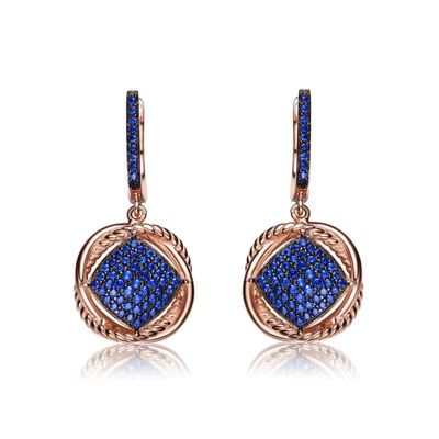 Rozzato Lab Created Sterling Silver 18K Rose Gold and Black Plated with Colored Cubic Zirconia Dangling Earrings, Blue