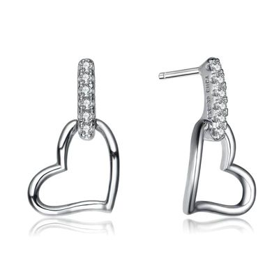 Rozzato Lab Created Sterling Silver White Gold Plated with Clear Cubic Zirconia Heart Drop Earrings