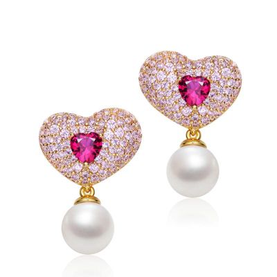 Rozzato Lab Created Sterling Silver 14K Gold Plated with Ruby Red Cubic Zirconia Heart Earrings with Drop Pearl