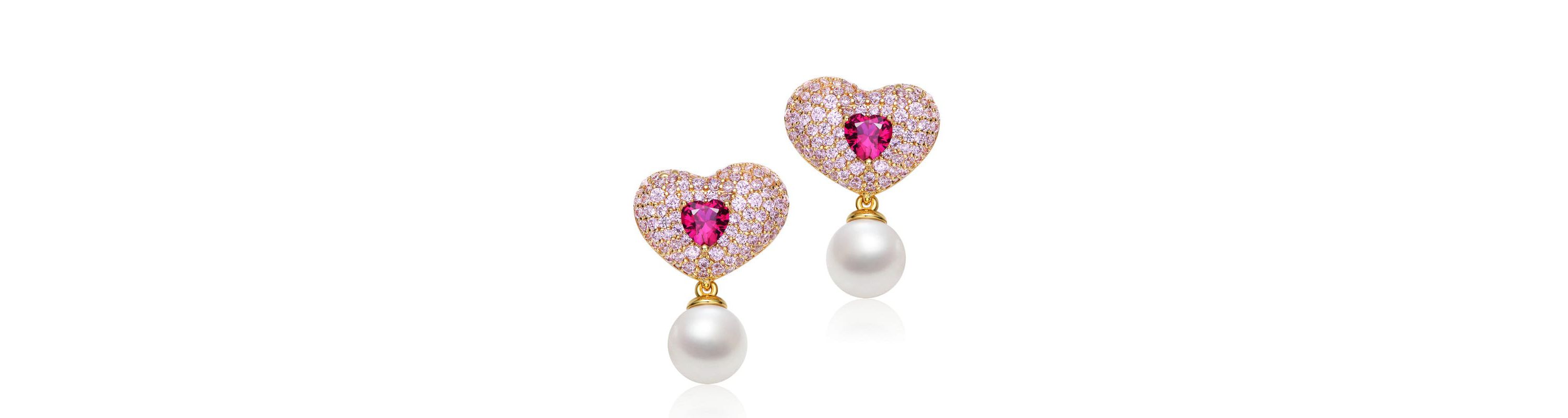 Lab Created Sterling Silver 14K Gold Plated with Ruby Red Cubic Zirconia Heart Earrings with Drop Pearl