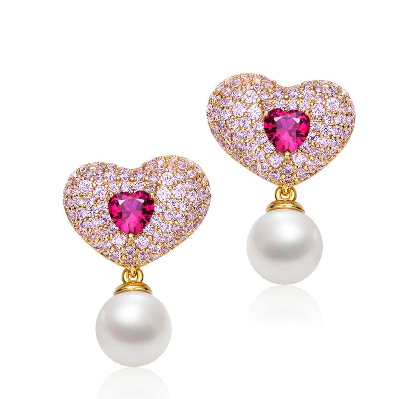 Lab Created Sterling Silver 14K Gold Plated with Ruby Red Cubic Zirconia Heart Earrings with Drop Pearl