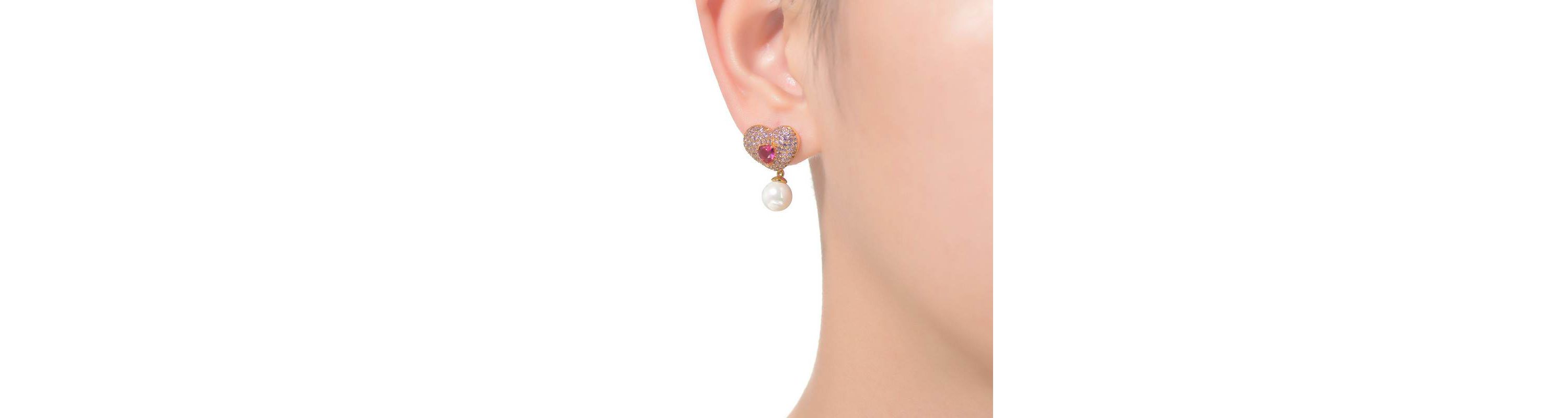 Lab Created Sterling Silver 14K Gold Plated with Ruby Red Cubic Zirconia Heart Earrings with Drop Pearl